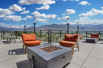 Outdoor patio with orange chairs